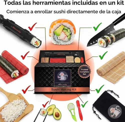 Vista 12 de Albino monkey Kit para hacer sushi con bazuca, tapete de bambú y curso