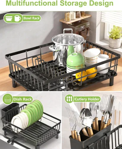 Vista 3 de Escurridor de platos para encimera de cocina, escurridor de acero inoxidable con soporte desmontable para cubiertos, sistema de drenaje automático