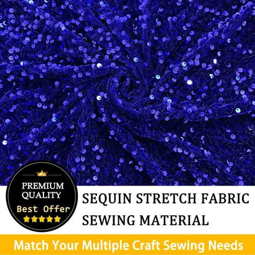 Vista 5 de The Yard - Tela de lentejuelas azules de 1 yarda, tela elástica de lentejuelas, tela de tapicería azul real brillante para coser, tela de punto