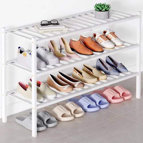 Vista 96 de Smiry Zapatero de bambú para armario, organizador de zapatos de madera de 3 niveles, estante apilable de almacenamiento de zapatos de madera