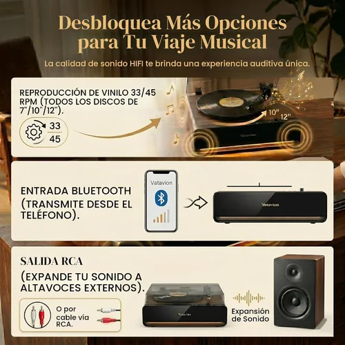 Vista 6 de Tocadiscos de vinilo con altavoces integrados, tocadiscos Bluetooth todo en uno para 33/45 RPM, tocadiscos de alta fidelidad para discos de vinilo