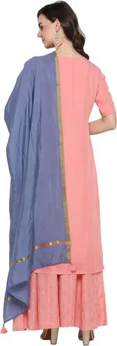 Vista 5 de Janasya Kurta de muselina de poli rosa para mujer india con Palazzo y Dupatta