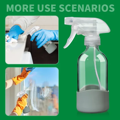 Vista 5 de Botellas de vidrio transparente de 8 onzas con funda de silicona, botellas de spray recargables para soluciones de limpieza, cabello, plantas