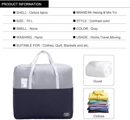 Vista 2 de Bolsa de almacenamiento grande de edredón con cremallera de 75 L, bolsa de almacenamiento plegable con asa reforzada, almacenamiento debajo