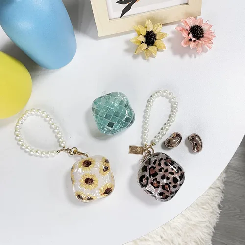 Vista 2 de Compatible con Samsung Galaxy Buds 2 Pro/2 Funda floral con llavero de perlas lindo para mujer, funda protectora Girasol