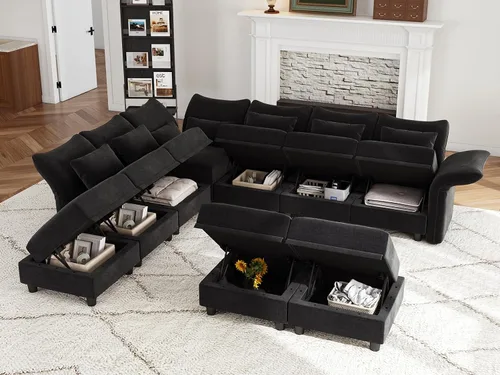 Vista 3 de LLappuil L Shaped Modular Sectional Sofa with Storage Seat, 9 Seater Sectional Couches for Living Room, Black Chenille