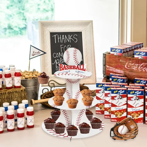 Vista 2 de Soporte para cupcakes de fiesta temática de béisbol de 3 niveles