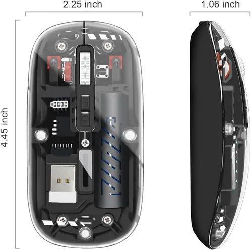 Vista 7 de Ratón inalámbrico, mouse de computadora con conectividad de modo dual (2.4G + BT5.2), mouse óptico con carcasa transparente, batería recargable