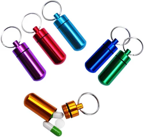 Vista 2 de Pastillero de color morado, mini pastillero de metal, caja de medicamentos de emergencia con funda para llavero, acero inoxidable para viajes al
