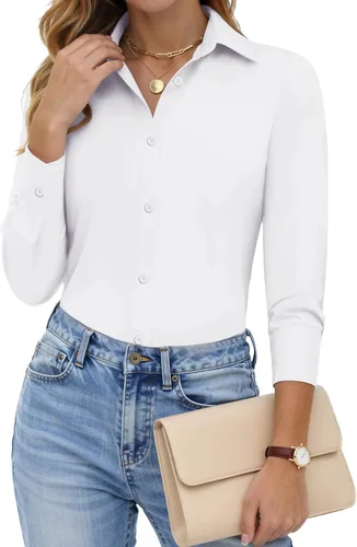 Vista 2 de HOTOUCH Camisas de manga larga con botones para mujer, camisas de vestir con protección contra manchas, ajuste delgado, blusas de trabajo, oficina