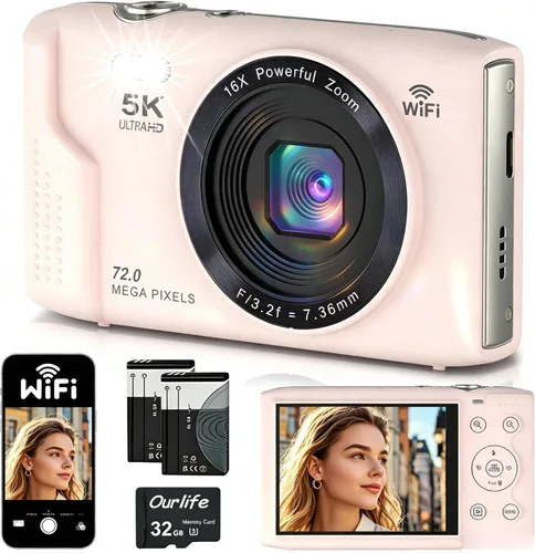 Vista 8 de Cámara digital 5K para fotografía 2 baterías 32GB tarjeta rosa