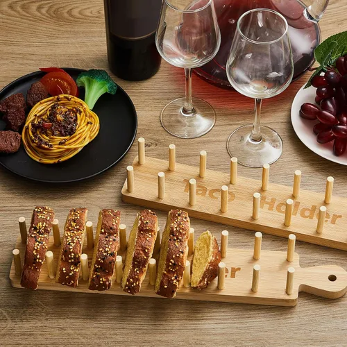 Vista 6 de Pinkunn 4 bandejas de bambú para tacos, 8 bandejas de tacos suaves o rígidos, soporte de madera para servir alimentos para tortillas, burritos