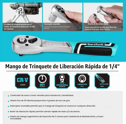 Vista 8 de DURATECH Trinquete de 1/4 de pulgada, llave de trinquete de liberación rápida de 90 dientes con mango de inyección de cojín, llave ergonómica