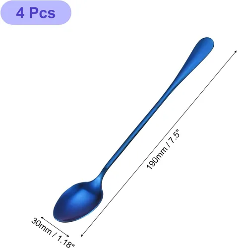 Vista 2 de uxcell Juego de 4 cucharas de mango largo, cuchara de helado de acero inoxidable de 7.5 pulgadas, cucharas de café para mezclar, bebidas, café (azul)