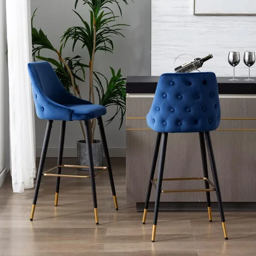Vista 3 de DUHOME Juego de 2 taburetes de bar con botones de terciopelo, modernos taburetes de bar de 30 pulgadas con respaldo y base dorada para cocina, Azul