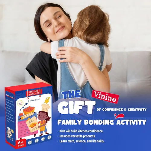 Vista 7 de Vinino Juego de 11 piezas para hornear y cocinar para niños, utensilios de hornear reales con libros de cocina para niños, accesorios de cocina