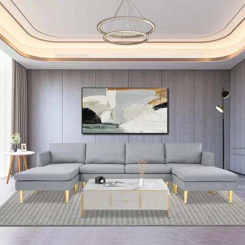 Vista 9 de Sofá modular en forma de U, moderno juego de sofá modular convertible de 4 asientos con diván reversible, otomana y almohadas para sala de estar