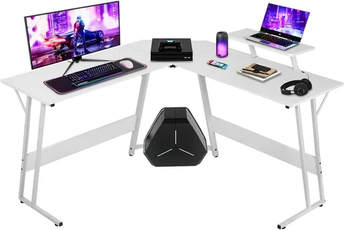 Vista 9 de NChanmar Escritorio para juegos en forma de L con soporte elevador para monitor, escritorio de esquina para oficina en casa para estudiar, trabajar