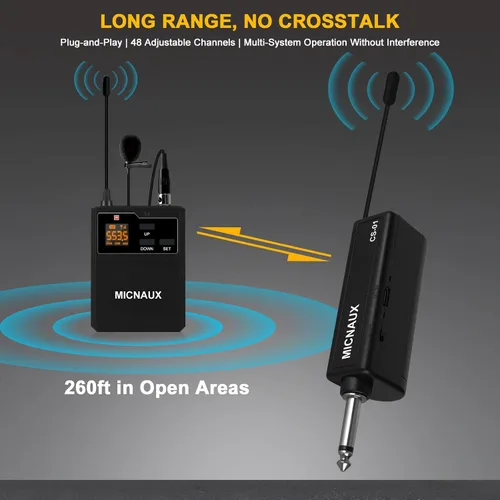 Vista 3 de Sistema de micrófono inalámbrico de solapa con auriculares y micrófonos de solapa, transmisores UHF, mini receptor recargable, 48 canales en 500
