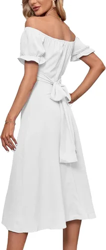 Vista 2 de LYANER - Vestido fruncido con hombros descubiertos, volantes, cruzado, de manga corta y abombada, para atar por detrás