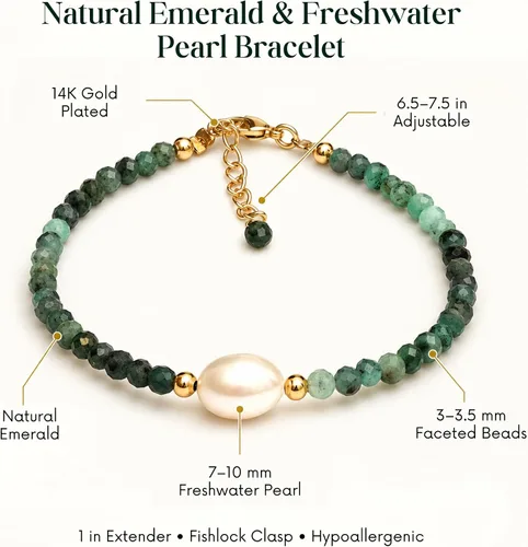 Vista 4 de Gempires - Pulseras de cuentas de cristal hechas a mano con joyería de perlas de agua dulce hipoalergénicas, chapadas en oro de 7.5 pulgadas