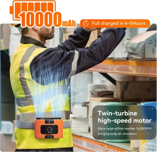 Vista 5 de Doublepow - Ventilador de cintura portátil de 10000 mAh, ventilador personal de doble cintura, cuello colgante de cinturón, doble motor de 20 horas