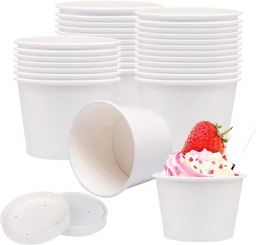 Vista 8 de Juego de 50 tazas desechables de helado blanco de 12 onzas con tapa, tazas de papel para llevar, taza de papel para llevar, recipiente de comida