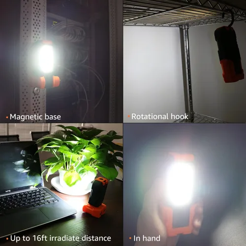 Vista 3 de Luz de trabajo LED transportable, 200 lúmenes, multiuso, linterna, base magnética y gancho para colgar, a batería, 5000 K luz de día, ángulo