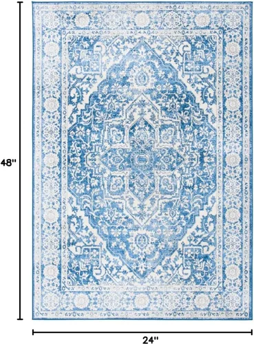 Vista 2 de Safavieh - Alfombra de 2 x 4 pies de la colección Brentwood color marfil y azul marino, alfombra que no suelta pelusas con diseño desgastado
