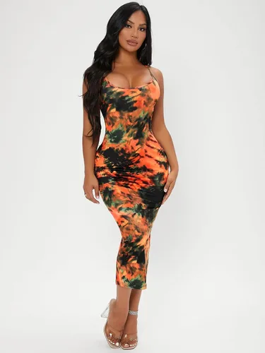 Vista 3 de WDIRARA Vestido midi sin mangas con tirantes delgados y teñido anudado para mujer