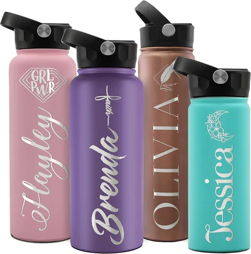 Vista 9 de Botella de agua para niños, botella de agua personalizada con tapa de popote y nombre grabado, 18 onzas, 20 iconos, 20 fuentes, 8 colores, regalos