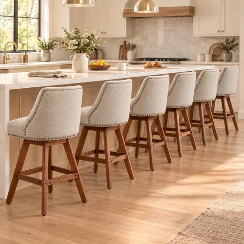 Vista 36 de Juego de 2 taburetes de bar giratorios modernos, taburetes de bar de 26.6 pulgadas de altura de mostrador beige con respaldo para isla de cocina
