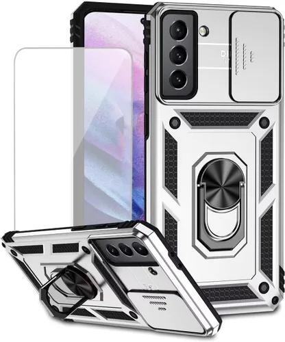 Vista 10 de Funda para Galaxy S21 5G, Samsung S21 SM-G991U con protector de pantalla de vidrio templado y cubierta de cámara deslizante, anillo magnético