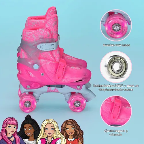 Vista 2 de Barbie 2in1 Kids Roller Skates, Transform from Quads to Inlines Skates, Durable Hardshell Boot, LED Wheels for Quads and Inlines, ABEC-7 Carbon
