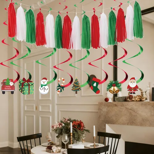 Vista 4 de Juego de decoraciones para fiesta de Navidad – Letrero de Feliz Navidad, guirnalda de borlas rojas, verdes y blancas, abanicos de papel y adornos