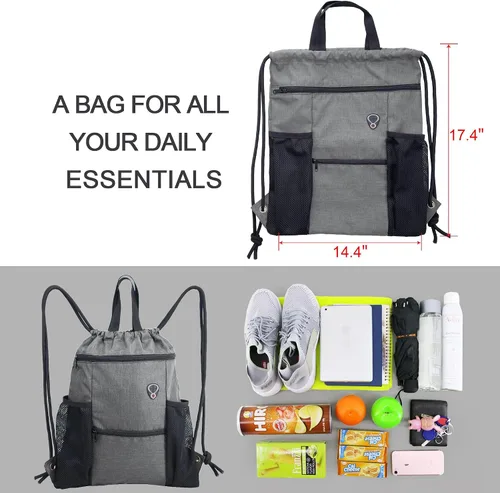 Vista 2 de BeeGreen Mochila con cordón y bolsillos con cremallera y botella de agua de malla para deportes de gimnasio, Gris, Mochilas Daypack