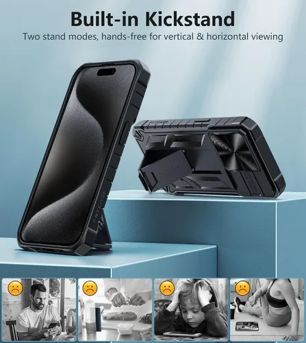 Vista 4 de FNTCASE Funda para iPhone 15 Pro: protección contra caídas y golpes de grado militar con función atril y tobogán Protector resistente texturizado