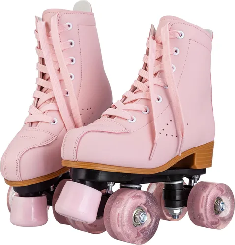 Vista 4 de Patines de ruedas para niñas y mujeres, patines de piel sintética acogedores en color rosa y púrpura con luces, patines para interiores y exteriores