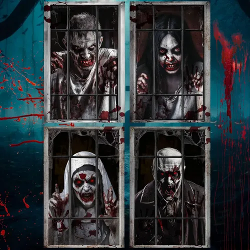 Vista 9 de SmoothNovelty 4 Pack Halloween Window Decorations Halloween Clown Curtain Scary Window Silhouettes Cover, Horror Clown with Blood for Garage Door