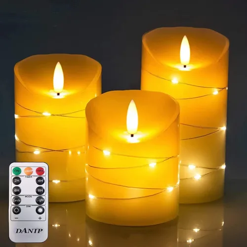Vista 8 de danip Vela LED sin llama azul cielo con cuerda de luz de estrellas integrada, 3 velas LED, control remoto de 11 teclas, función de temporizador