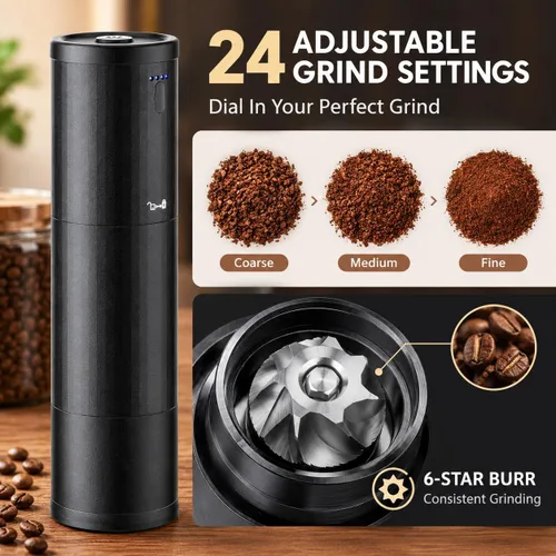 Vista 2 de Molinillo de café eléctrico portátil, molinillo de rebabas recargable por USB con ajustes de molienda ajustables, molinillo de café de viaje