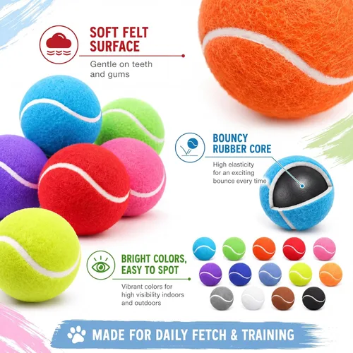 Vista 3 de Yunsailing 15 pelotas de tenis para perros de 2.4 pulgadas, bolas de juguete de colores brillantes, juguete de entrenamiento para mascotas