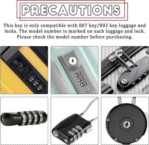 Vista 2 de TSA 007 Key 002 Master - Llaves de repuesto para cerradura de equipaje, 2 llaves de emergencia con anillos para maleta, solución de bloqueo