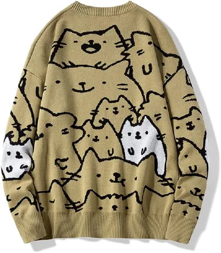 Vista 2 de Suéteres de gato de gran tamaño para hombre, cuello redondo, manga larga, de algodón, lindos suéteres