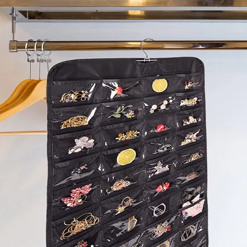 Vista 6 de Cemueo Organizador de joyas colgante, bolsa de almacenamiento de cadena de joyería de doble cara con 80 bolsillos, 2 capas de tela, organizador