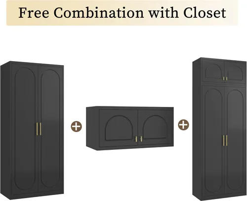 Vista 4 de Gabinete de Pared de Metal de 81 cm con 2 Puertas, Gabinetes Colgantes Negros con Manija, Gabinetes de Vestir de Metal, Armario Vestidor Clóset
