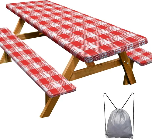 Vista 11 de Funda de mesa de picnic con fundas para bancos Esenciales de camping Mantel de picnic impermeable y a prueba de viento con bolsa de cordón, funda