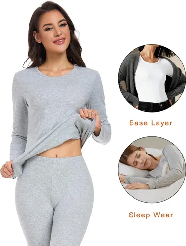 Vista 3 de wirarpa Juego de ropa interior térmica de algodón para mujer, ligera, pantalones largos, capa base, conjunto de pijama para mujer, parte superior e