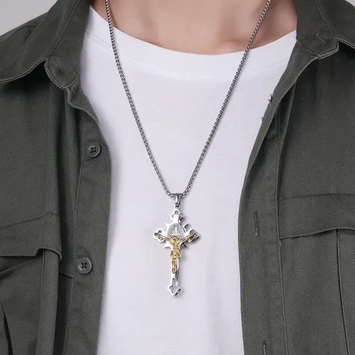 Vista 2 de ST.Benedict - Collar con colgante de cruz de poder de protección, collar con colgante de crucifijo de acero inoxidable religión, regalo de joyería