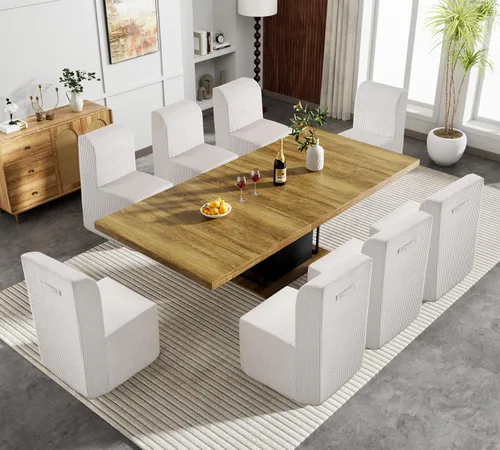 Vista 18 de Juego de mesa de comedor extensible marrón de 9 piezas para 8, 63 a 78.74 pulgadas, juego de mesa de cocina y comedor, mesa de comedor extensible